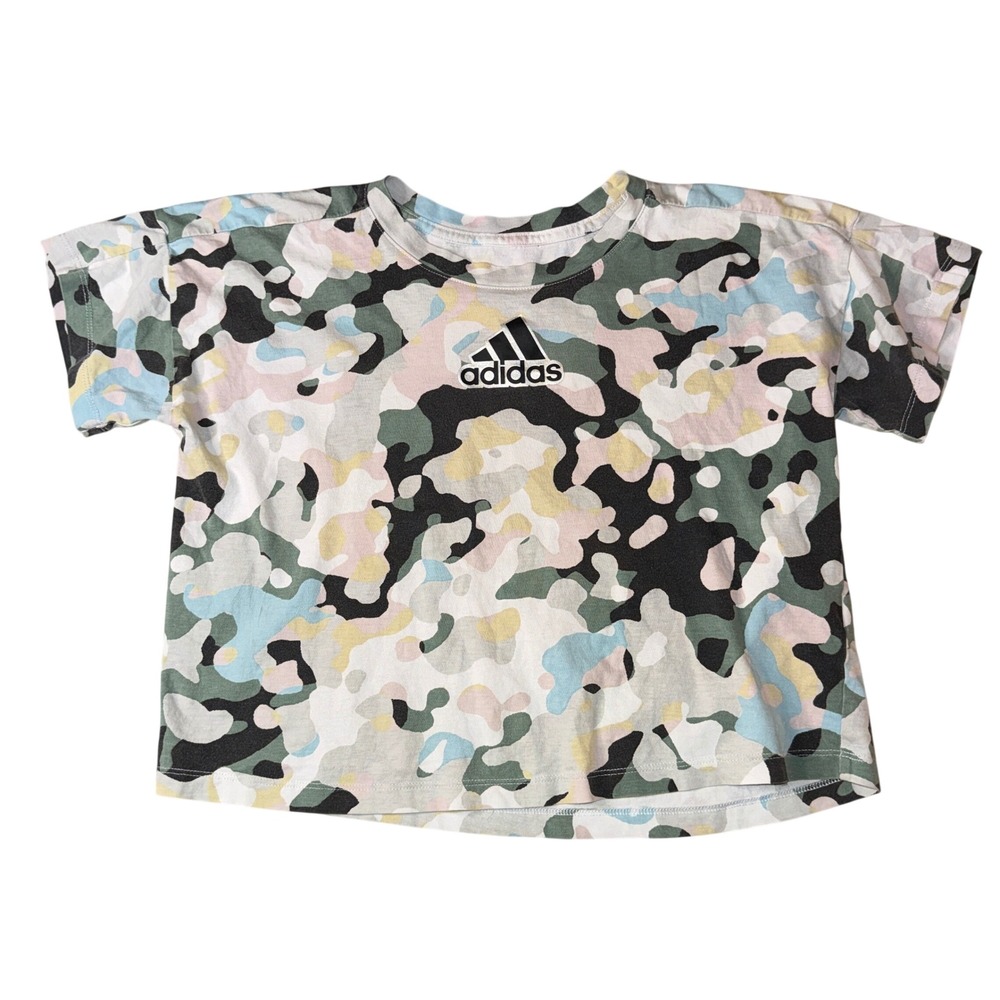 Adidas Crop T-Shirt Small Multi-Color Pastel Camo Loose Fit Logo Graphic Tee